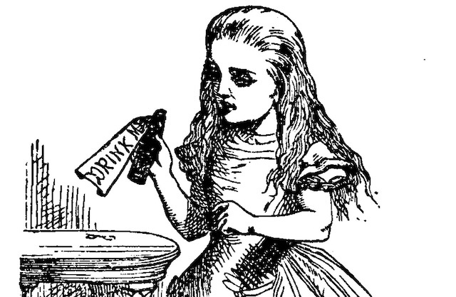 Black and white illustration of Alice picking up a bottle labeled "drink me."