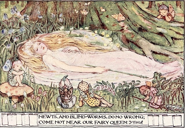 A blonde fairy in a white gown lies asleep surrounded by small winged fairies, trees, and grass. A caption reads: "Newts and blind-worms do no wrong; come not near our fairy queen."