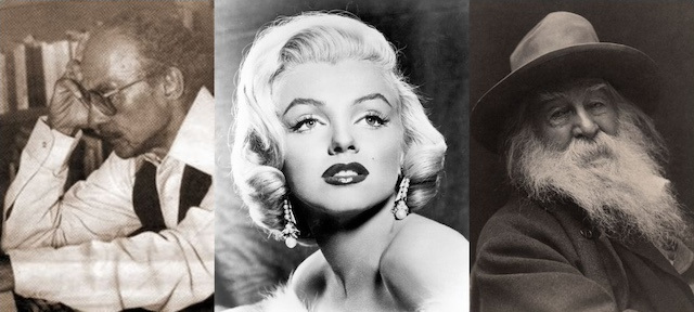 Left: photograph of Pedro Mir in profile with his hand on his temple. Center: black-and-white headshot of Marilyn Monroe in dark lipstick and a platinum blonde hairdo. Right: Portrait of Walt Whitman with a long white beard and a wide-brimmed hat.