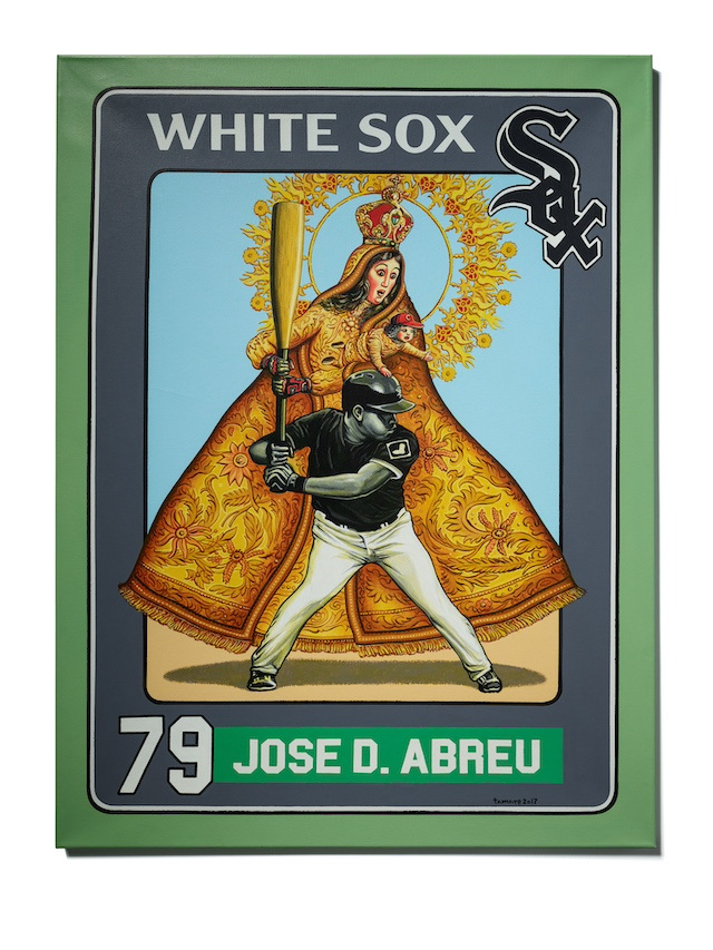 A painting of a green baseball card featuring Chicago White Sox player 79: Jose D. Abreu. He stands in batting position in black and white, while the Virgin Mary, wearing an ornate gold dress and halo and holding Baby Jesus in a baseball cap, grips the bat behind him and guides his swing.