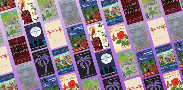 Collage of Haitian book covers against a purple background.