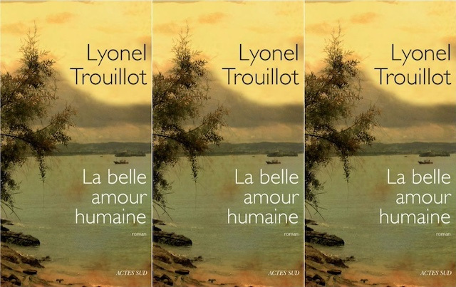 Collage of three covers of Lyonel Trouillot's "La Belle Amour Humaine," depicting a painting of the ocean surrounded by trees, clouds, and shoreline.