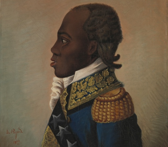 Painting of a black man in profile, wearing a blue military costume with gold embroidery, gold epaulets, and sash with silver stars.