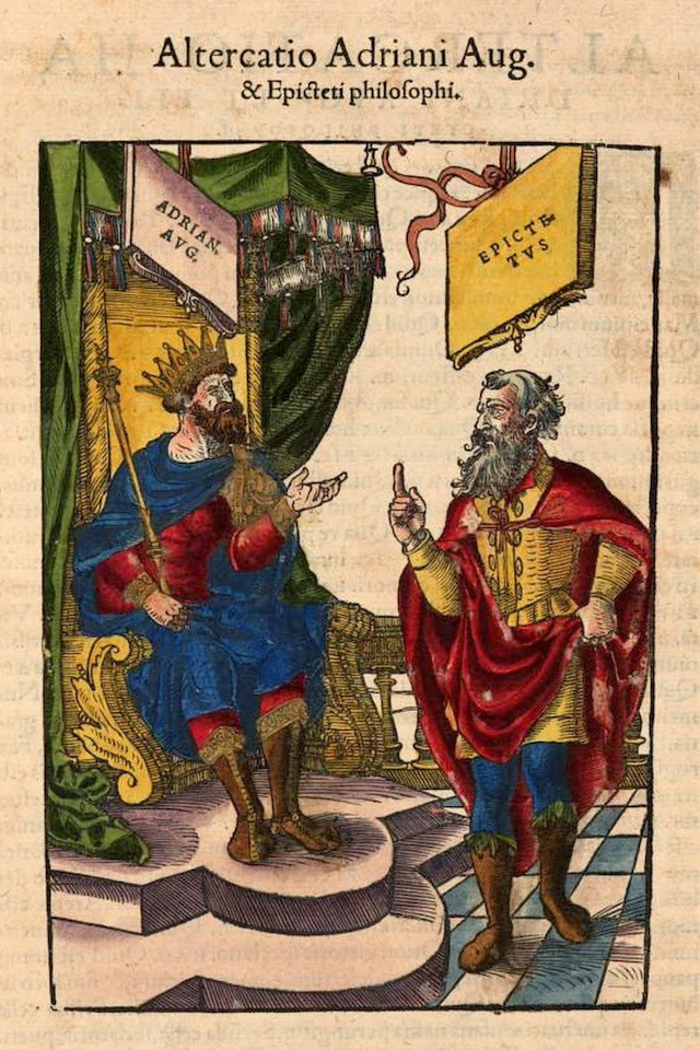 An old book illustration of Hadrian Augustus (on a throne) and Epictetus speaking to each other. Text: Altercatio Adriani Aug. & Epicteti philosophi.