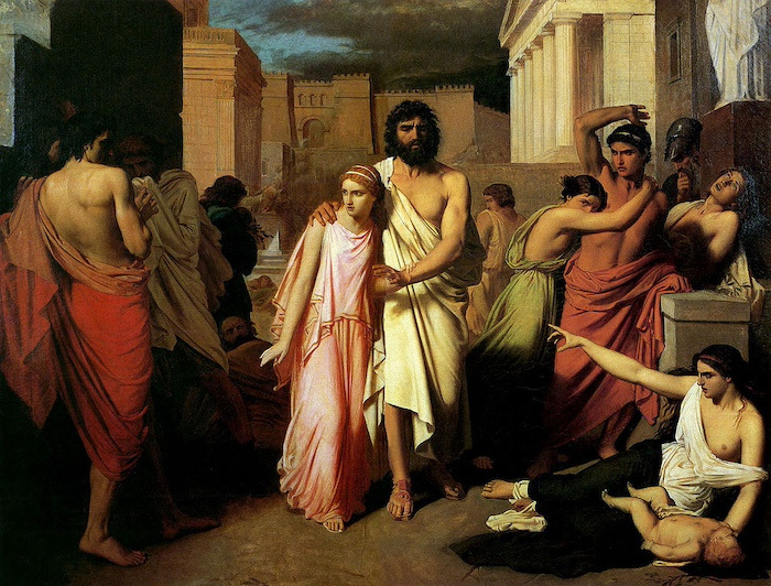 Oil painting of a man in a toga leading a young woman in a pink tunic away from a crowd of swooning people. 