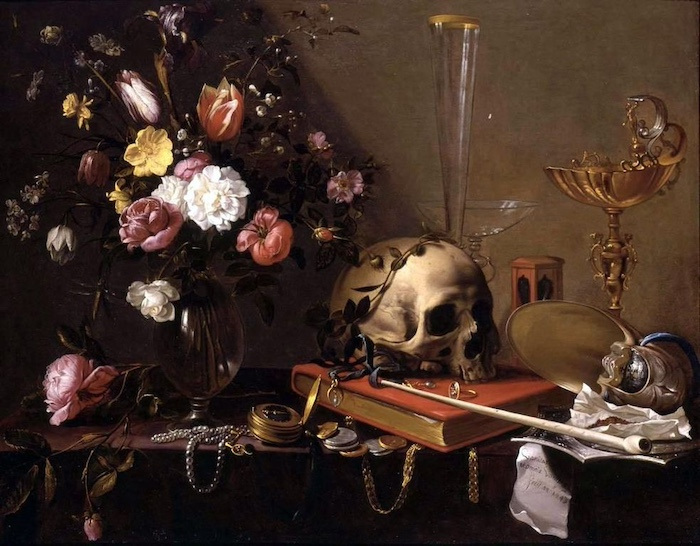 An oil painting depicting a table with a bouquet of flowers, a skull, a book, jewelry and coins, a shell, a pipe, and three cups..