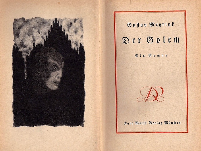 Two pages from an old book. On the left is a black and white illustration of a humanoid face peering out of the shadows. On the right is the title "Der Golem: ein Roman" surrounded by a red border.