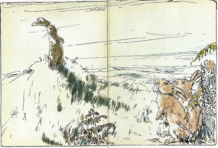 A children's book illustration of a stuffed rabbit on a hill, looking down at two real rabbits. 