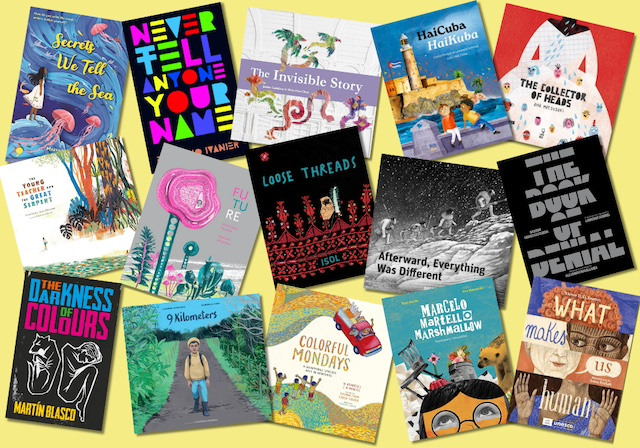 A collage of fifteen book covers against a yellow background.