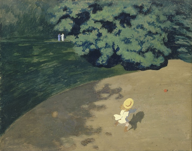 Bird's-eye view painting of a child in a white dress and straw hat running after a ball in a park. 