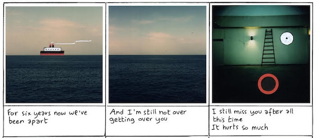 A comic strip with three panels. Panel 1 shows a boat on the ocean with the caption "For six years now we've been apart." The second panel shows the ocean without the boat and has the caption "And I'm still not getting over you." The third panel shows a wall with a ladder against it that's been illustrated to look like a face, with the caption "I still miss you after all this time. It hurts so much."