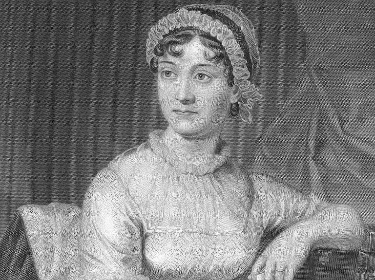 A black and white illustration of a woman wearing a dress with a ruffled collar and a bonnet.
